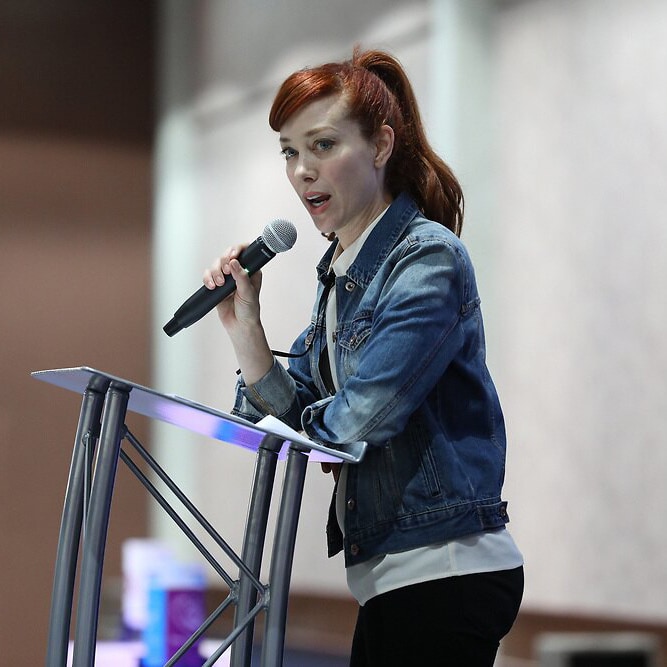 Podcaster Allie Ward speaks at a Girl Powered event at VEX Robotics World Championship