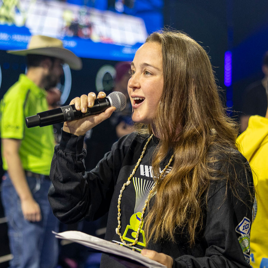 Emcee calls a match at VEX Robotics World Championship