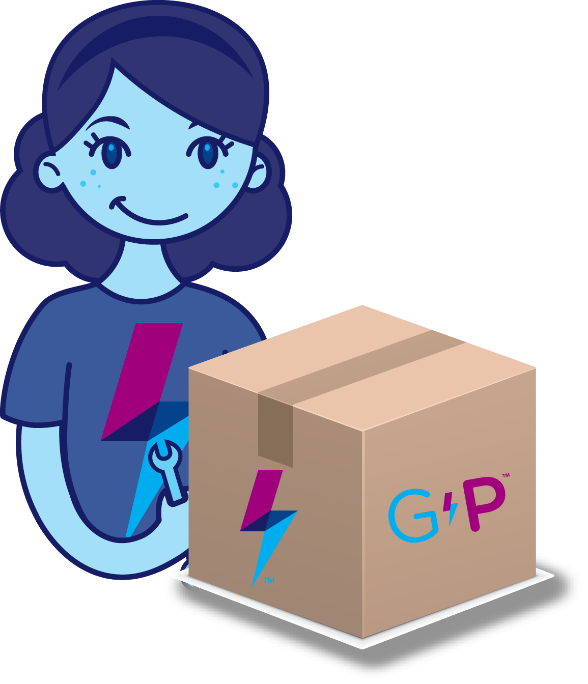 Decorative graphic illustration of a girl getting a box with a Girl Powered logo on it.