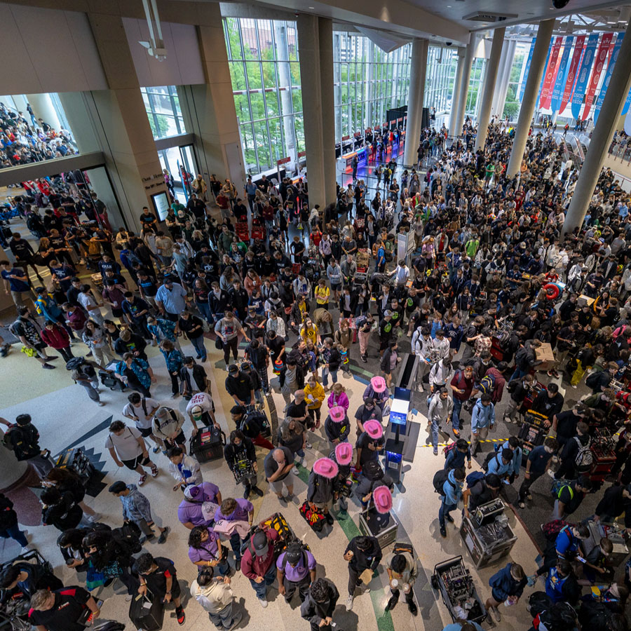 Participants flood the lobby during check-in at the VEX Robotics World Championship
