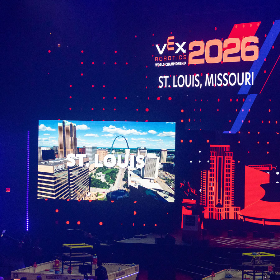 St.Louis skyline onscreen on the stage at the VEX Robotics World Championship, as the new host city for 2026-2027 is announced