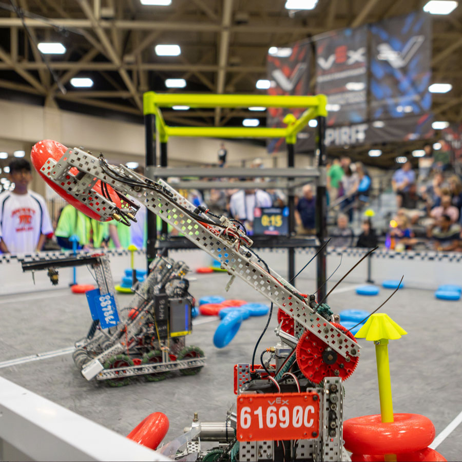 VEX V5 Robotics Competition robots compete at the VEX Robotics World Championship
