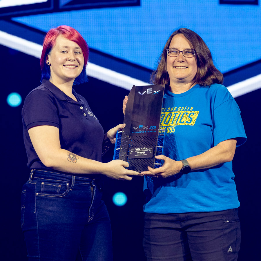 Tara Peterson accepts the Inspiration All Star Award at the 2025 VEX Robotics World Championship